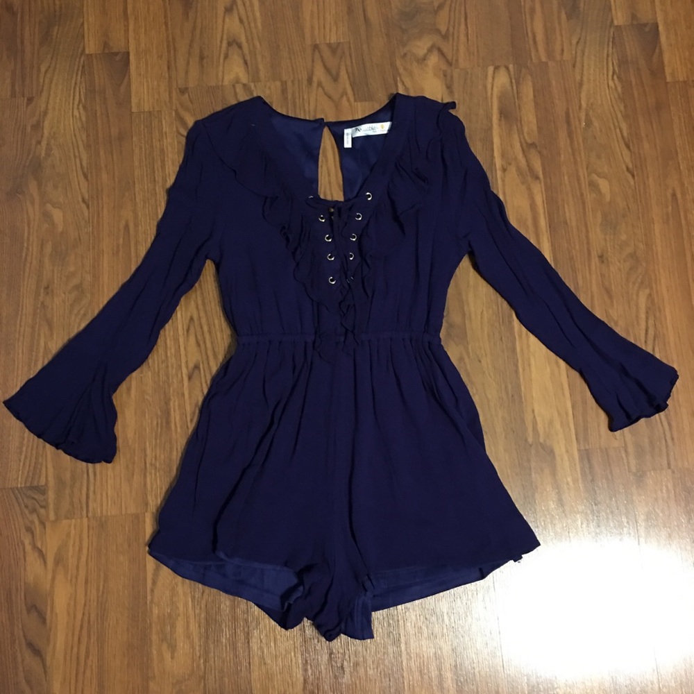 Size small navy blue lace up romper - Picture 1 of 8